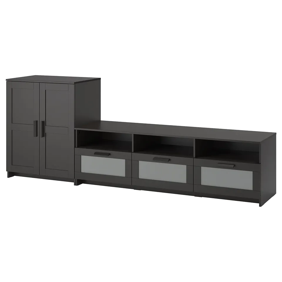 Dark grey modern tv stand with cabinet, drawers, and open shelves. Clean, angular design with glass fronted drawers.