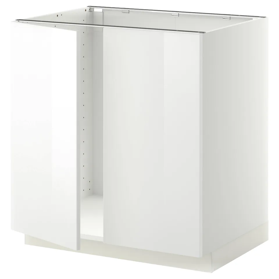 Displays a white METOD kitchen cabinet base, square-shaped, with a smooth, high-gloss finish, designed for built-in appliances.