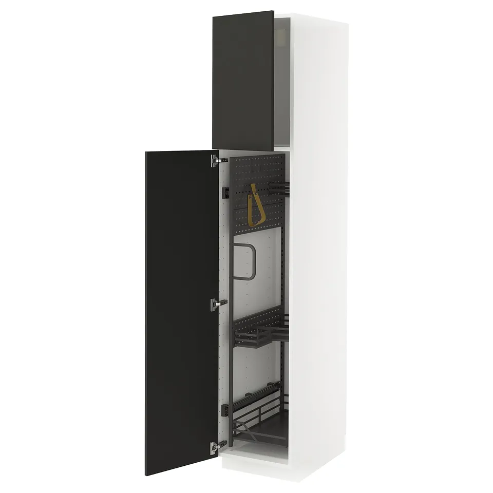 METOD tall white cabinet, black doors, vertical, sturdy, modern design.