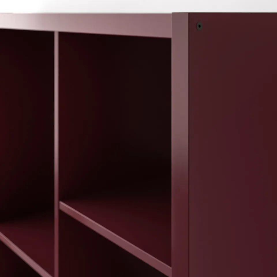 Maroon KALLAX bookshelf, high-quality finish, sturdy construction, modern design.