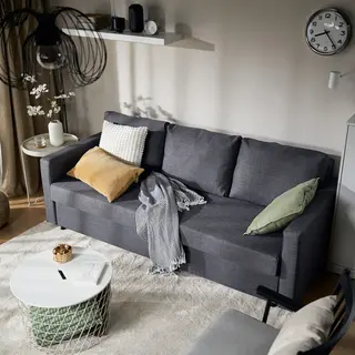 FRIHETEN/PERSBOL set: 3-seat sofa-bed + armchair, Skiftebo dark grey + black/Tibbleby beige/grey, Width 225 x Depth 105 x Height 83 cm