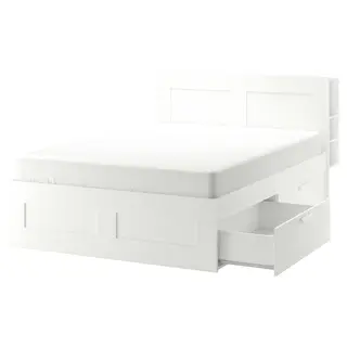 BRIMNES bed frame w storage and headboard, white/Lönset, Length 234 x Width 186 x Height 111 cm