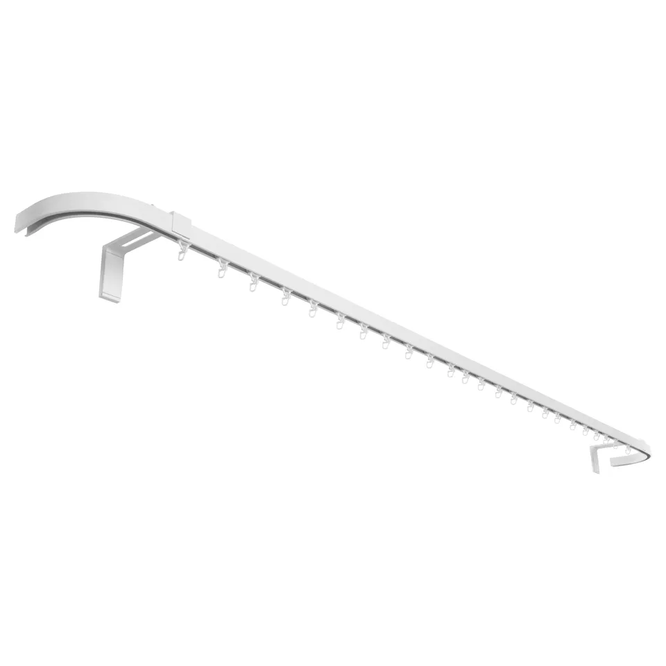 A VIDGA curtain rod, silver, curved, with hanging hooks.
