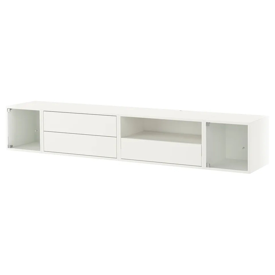 A white EKET storage unit with glass doors. It has a rectangular shape with open spaces.