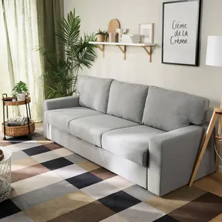 BÅRSLÖV/LUBBAN set: 3-seat sofa-bed + trolley table with storage, Tibbleby beige/grey + rattan/anthracite, Depth 109 x Height 75 x Width 236 cm