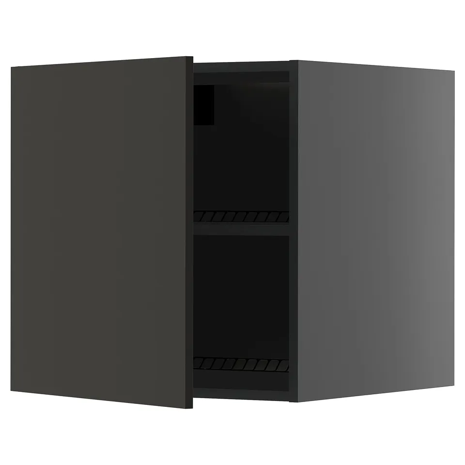 A dark grey, square-shaped kitchen cabinet with one open door, showcasing an adjustable shelf inside.