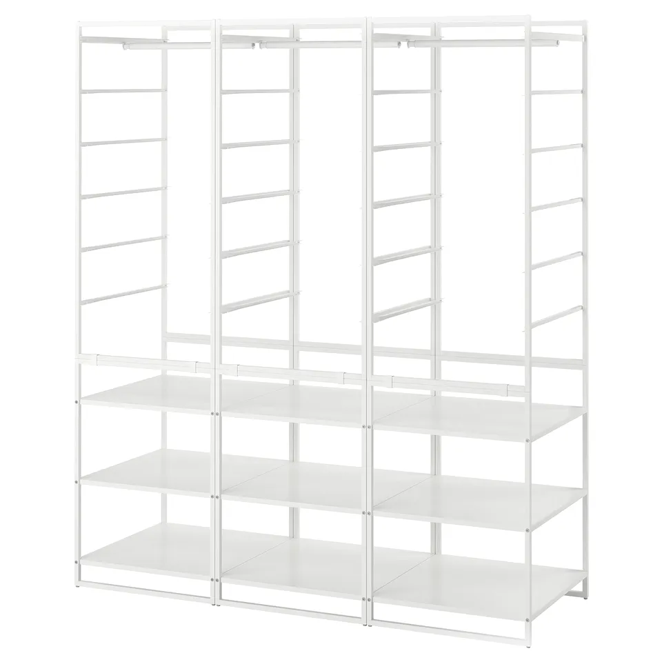 The white JONAXEL storage system. Its a modular, metal unit with multiple shelves and hanging areas. Suitable for various rooms including bathrooms.