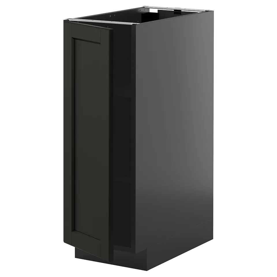 A METOD black kitchen cabinet with a bevelled edge design. Its rectangular, made from wood and synthetic materials, featuring an adjustable shelf.
