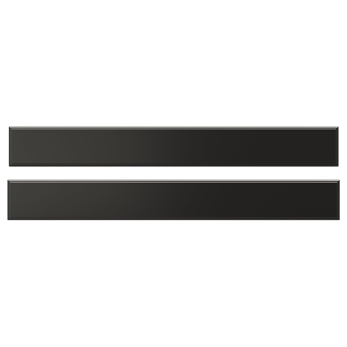 Black rectangular BODBYN drawer fronts, bevelled design, smooth lacquered surface.