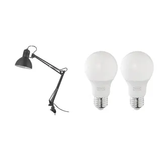 SOLHETTA/TERTIAL set: work lamp + LED bulb E27 806 lumen, dark grey + dimmable/globe opal white