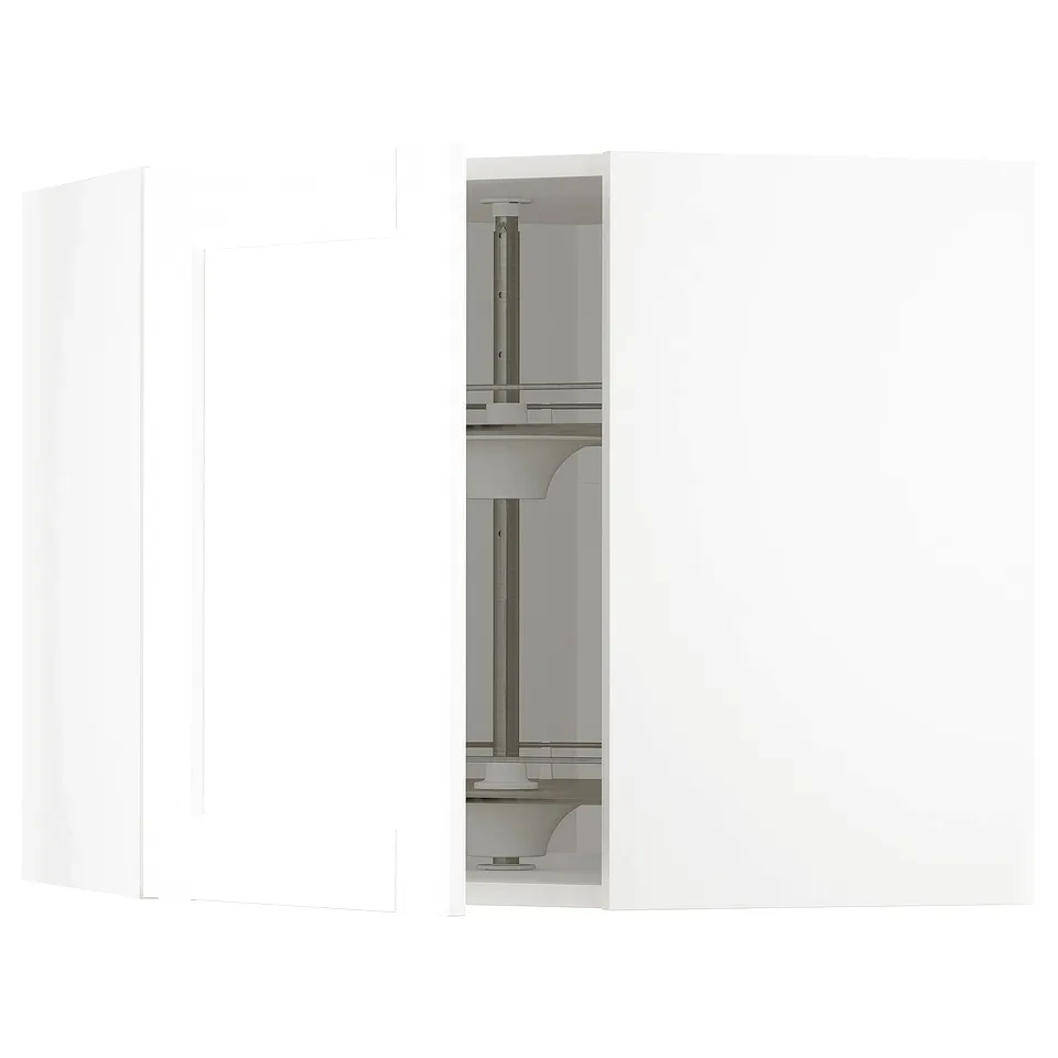 A white METOD kitchen unit with an adjustable shelf and tempered glass carousel.