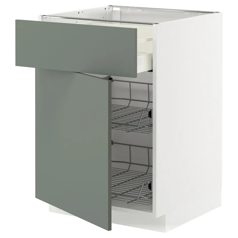 METOD kitchen cabinet in grey-green with wire baskets, modern and sturdy.