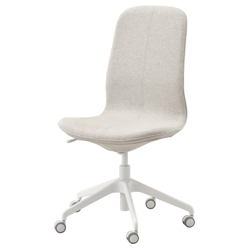 LÅNGFJÄLL office chair, white, fabric, curved back, adjustable height, and wheels.