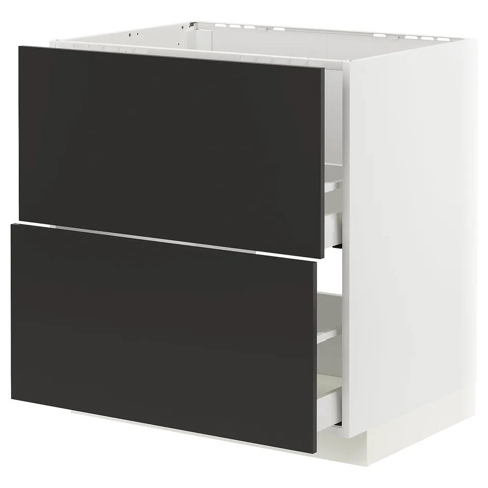 A modern black kitchen cabinet with a white frame, featuring two drawers and a sleek, minimalist design.