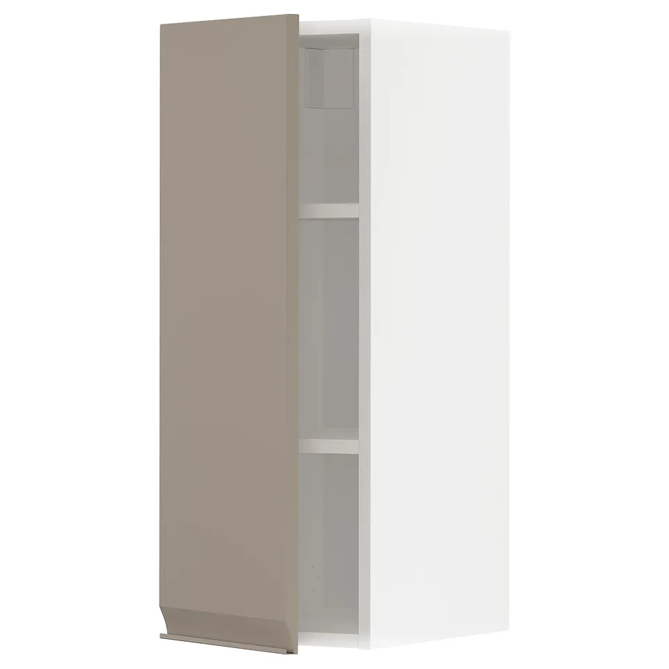 Open modern kitchen cabinet in grey-beige with integrated handles and shelves.
