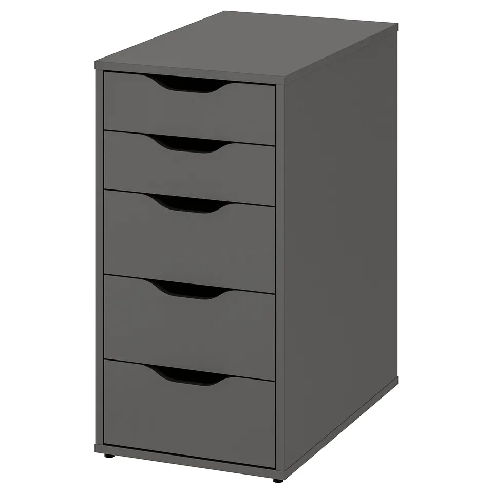 LAGKAPTEN: modern dark grey desk with five drawers, sleek cut-out handles, and sturdy build for efficient storage.