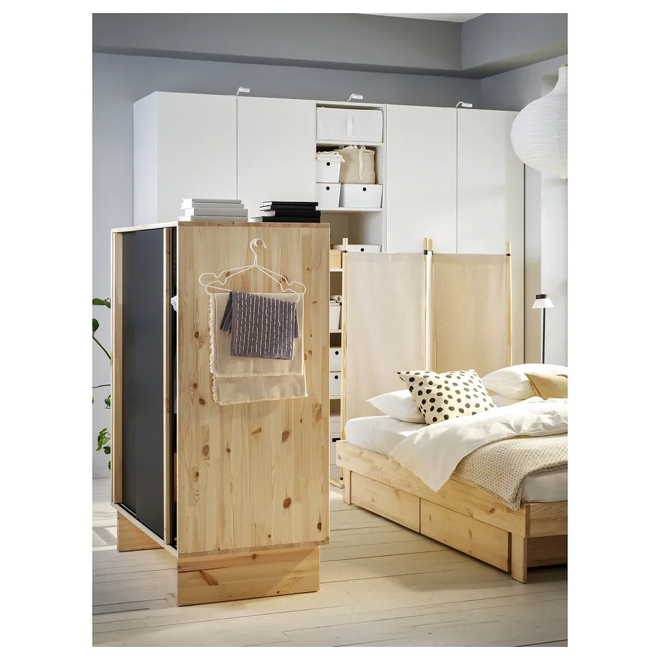 GLAMBERGET Wardrobe with 3 sliding doors, pine/black, 117x63x150 cm