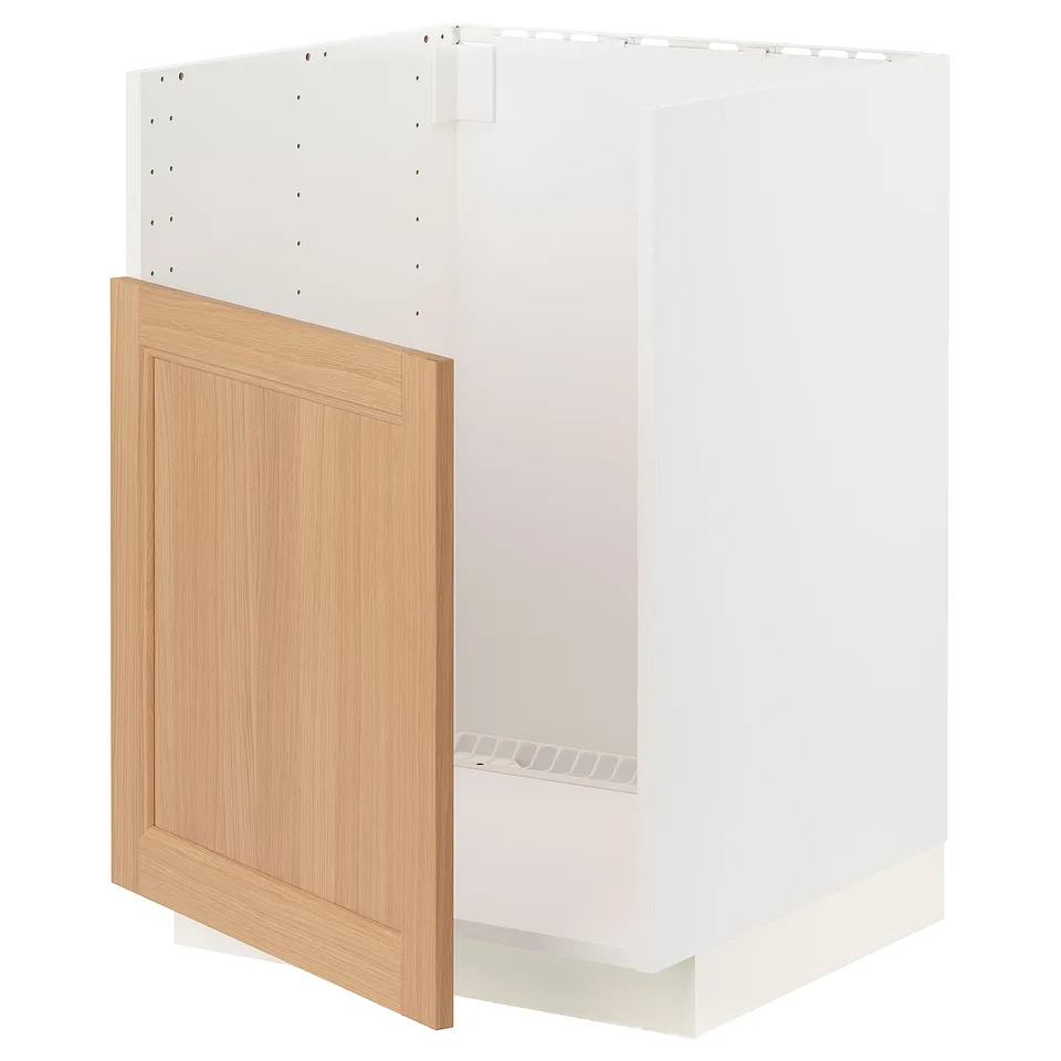 White METOD kitchen cabinet with oak door. 3d view, modern design.