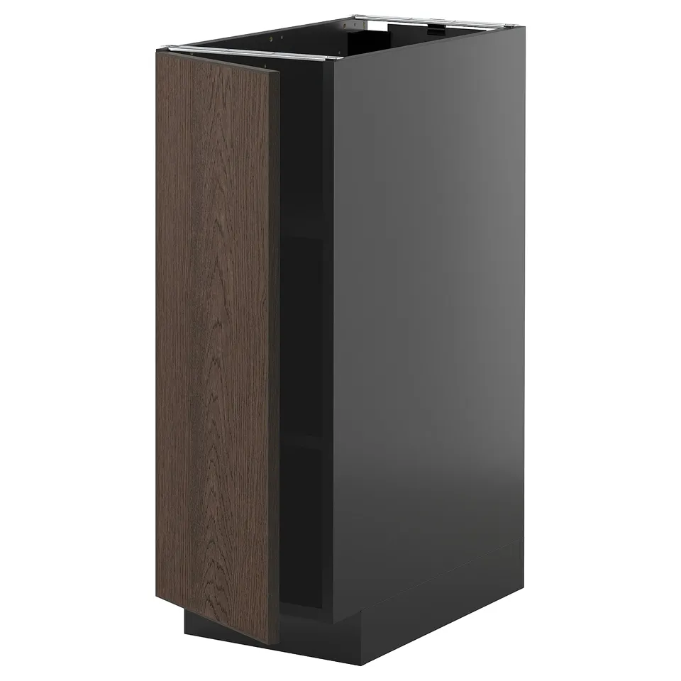 Modern black and dark wood kitchen cabinet with open door.
