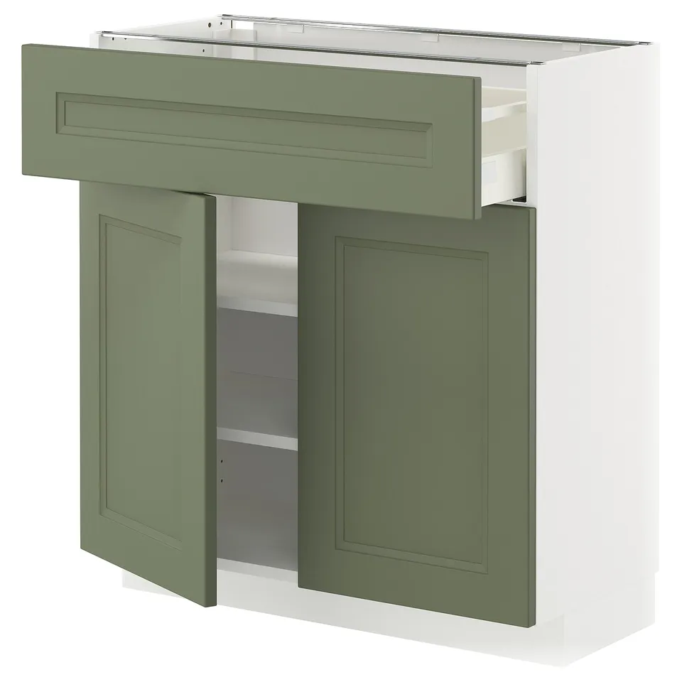 Green & white kitchen cabinet set, modern, with adjustable shelves and smooth-closing drawers.