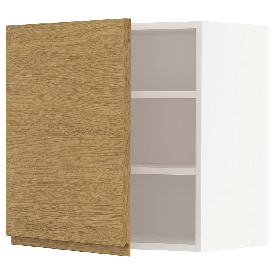 A wooden kitchen cabinet with a light oak finish and two shelves.