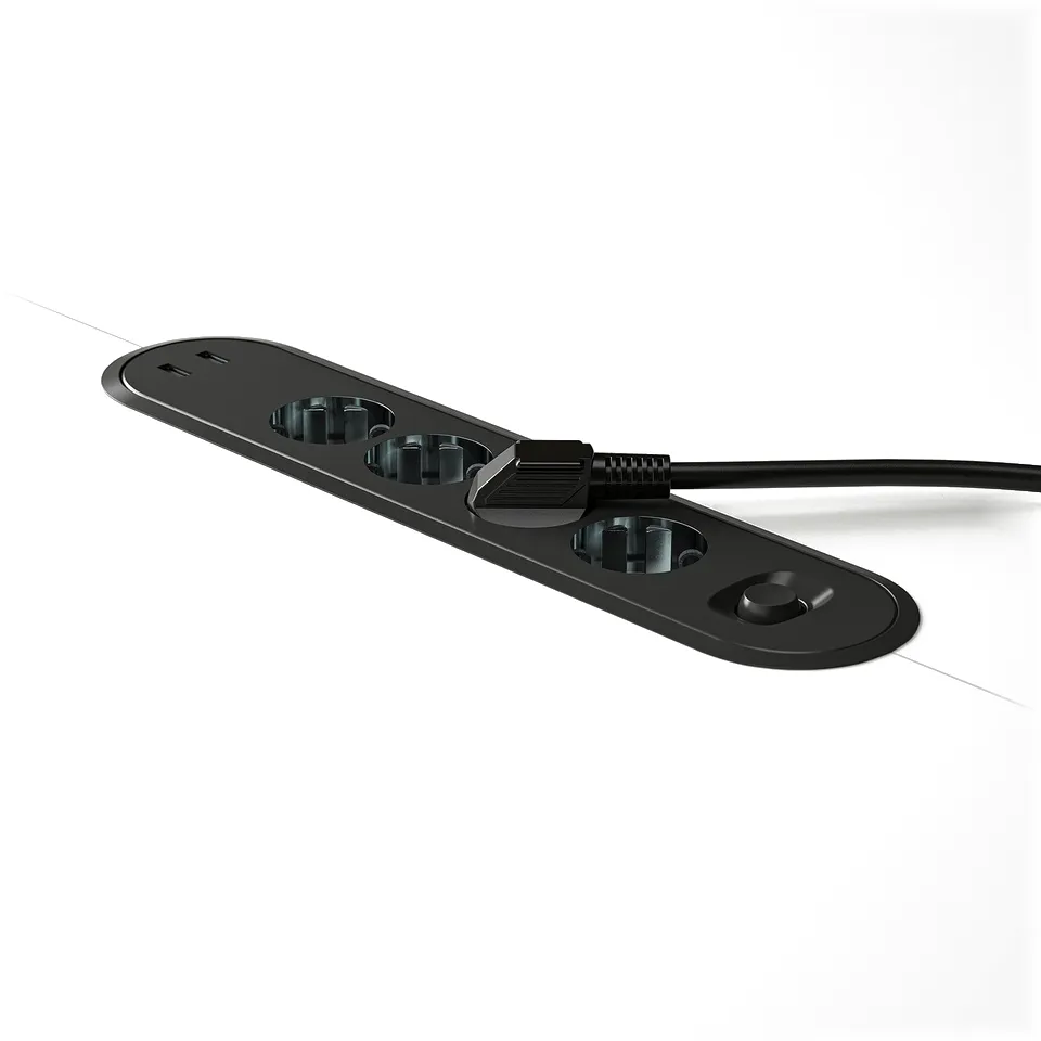 Black oval conference table with built-in power sockets and cable management tray. Ideal for small meetings with integrated charging solutions.