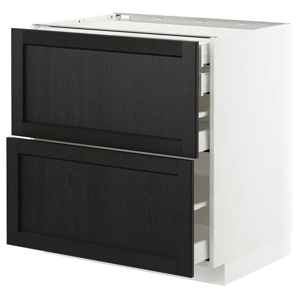 A METOD kitchen cabinet with dark grey lerhyttan drawers and white frame, featuring bevelled edges and smooth-running drawers.