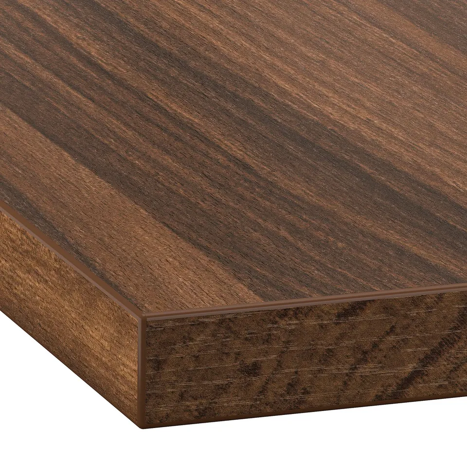 Close-up of sleek, polished, dark wooden tabletop with smooth finish and straight edges.