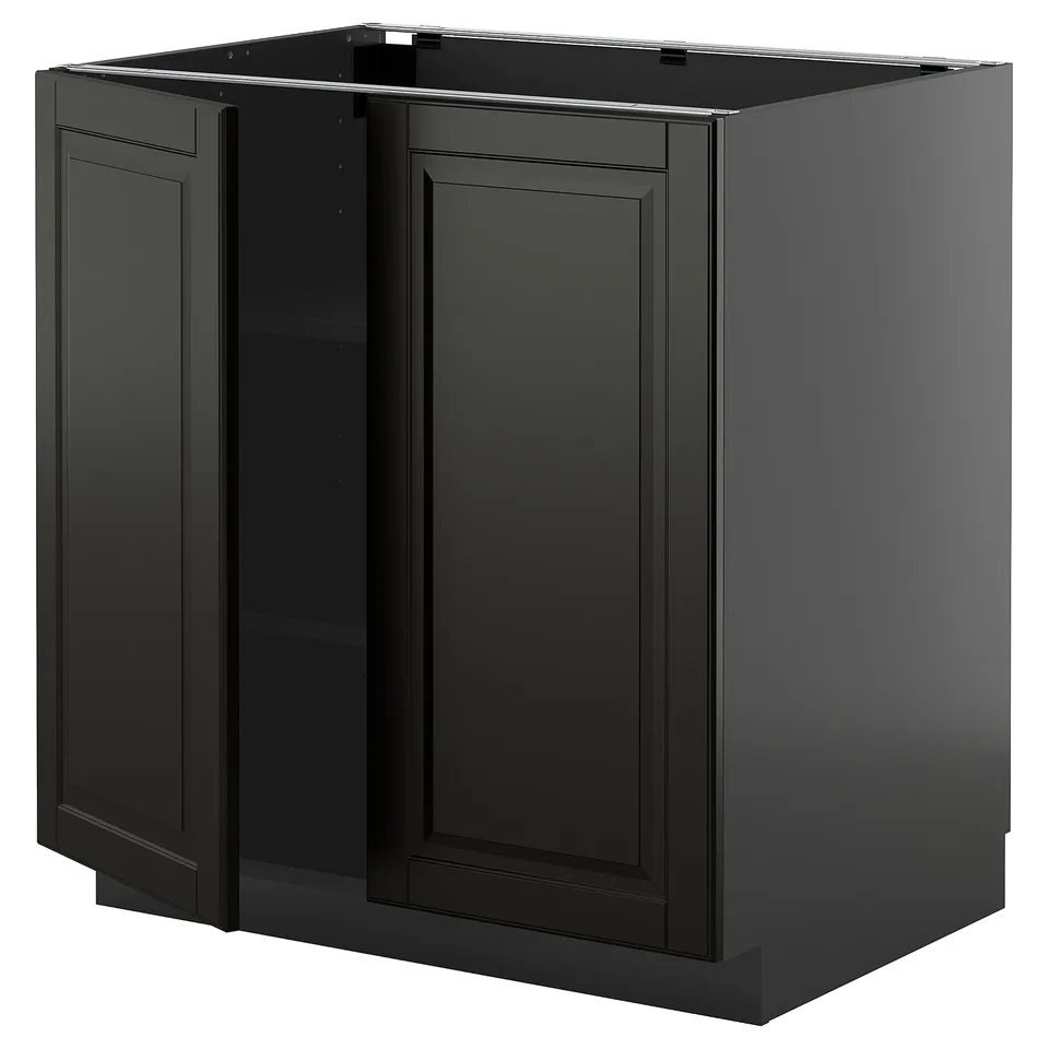 Black METOD kitchen cabinet with bodbyn design, sleek in dark shade, featuring bevelled edges and adjustable shelving.