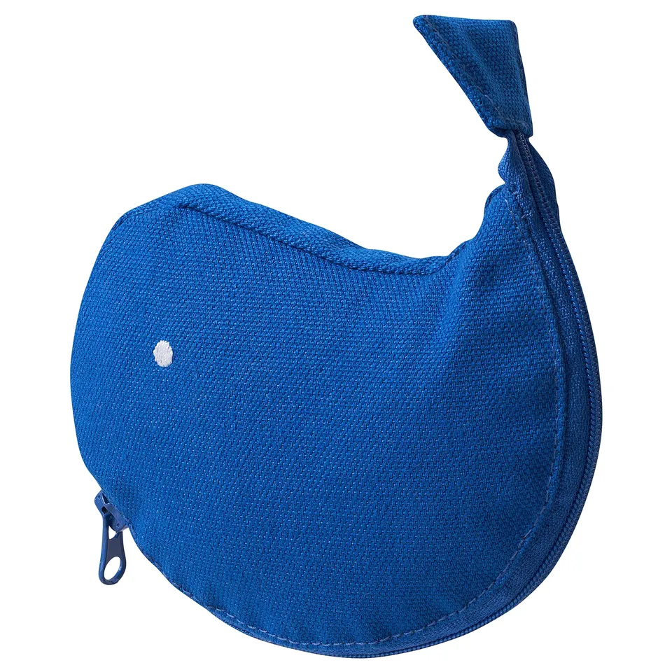 Blue ROMELSÖN pouch, round shape, recycled polyester fabric, zip closure, small handle top.