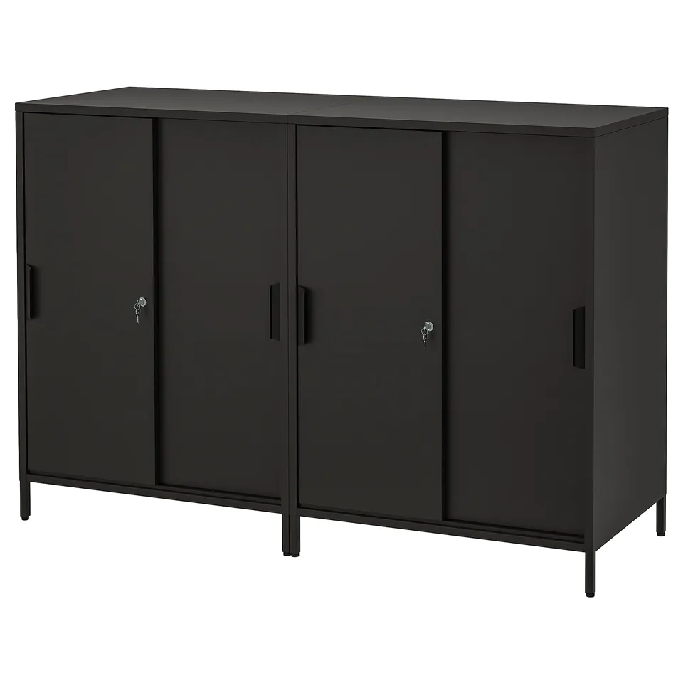 Black TROTTEN double-sided steel cabinet with lockable doors, adjustable shelves, ideal room divider.