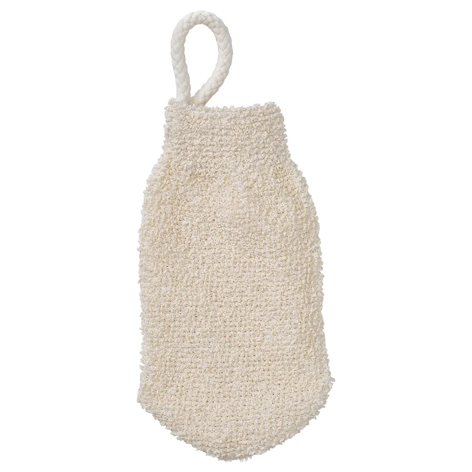Skogsallat: off-white hanging bath mitt. Triangle shape with textured loop.