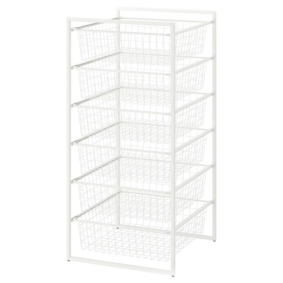 White JONAXEL storage system with 7 wire baskets for organising items.