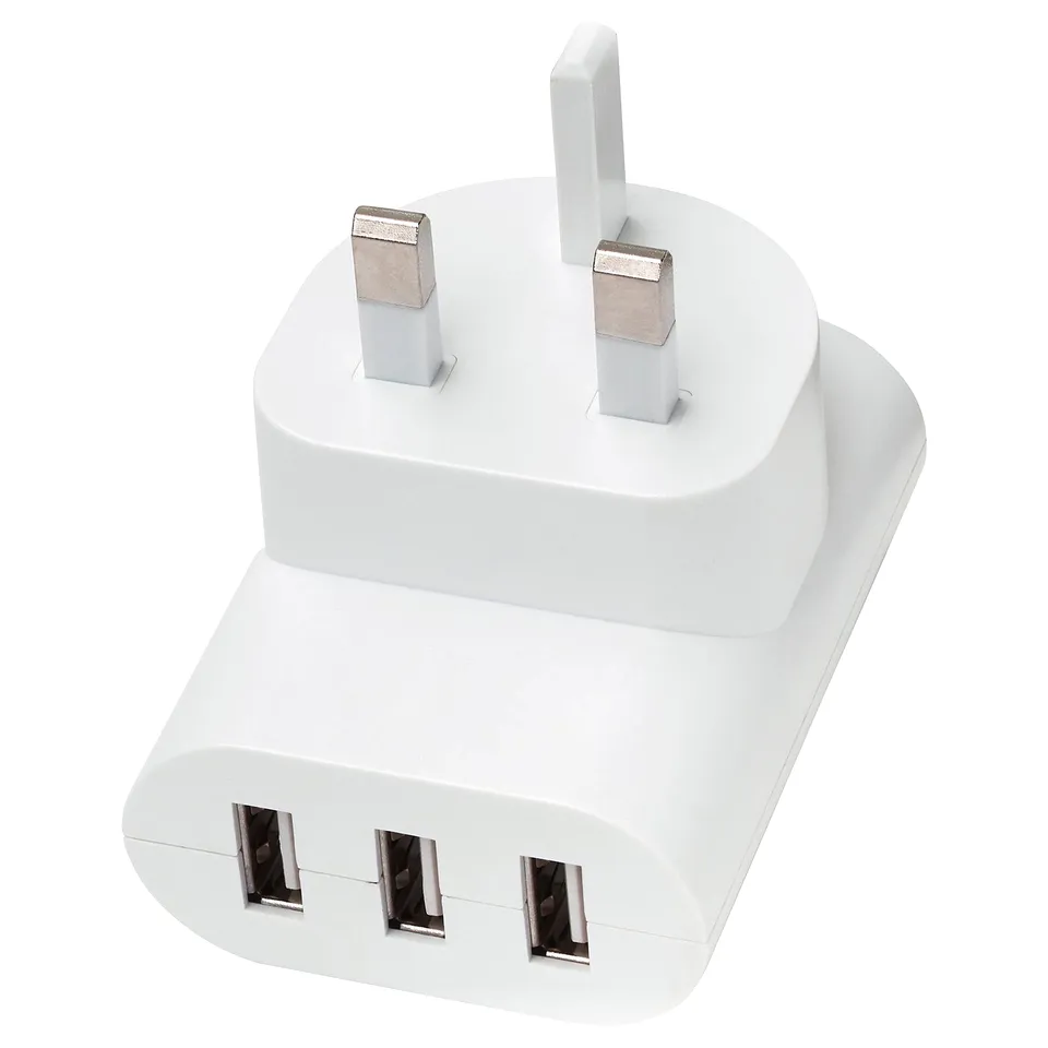White triple usb charger with british plug, rectangular shape, smooth design, polycarbonate plastic.