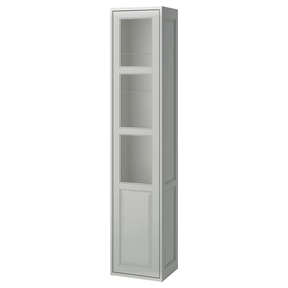 TÄNNFORSEN tall grey cabinet with glass doors. Classic, light grey with bevelled panels, wall-mountable.