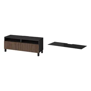 BESTÅ set: TV bench with drawers + top panel for TV, black-brown Björköviken/Stubbarp/brown stained oak veneer + glass black, 120x42x48 cm