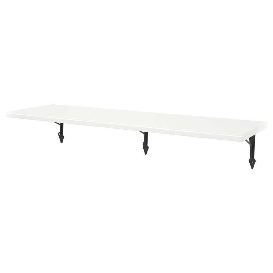 A TRANHULT white wall shelf with sleek edges and sturdy black metal brackets, ideal for storage and display.