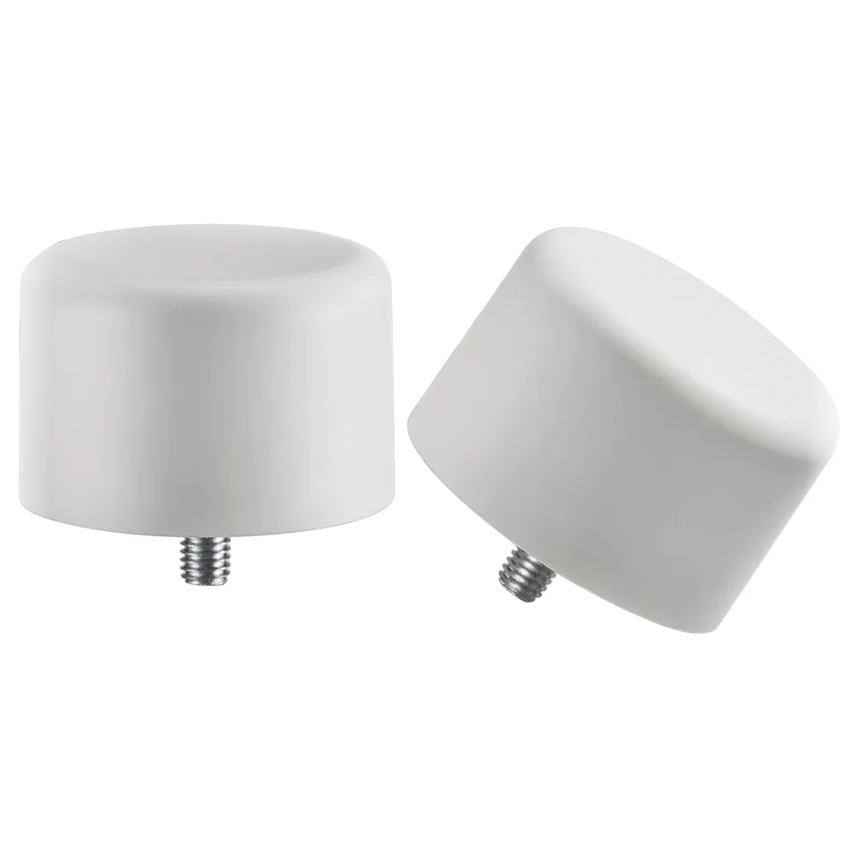 Two white, round, minimalist finials made of recycled plastic with metallic screws.