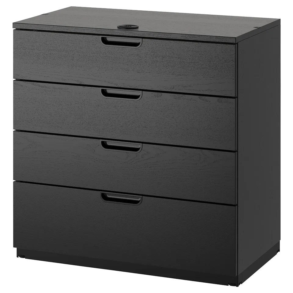 A grey GALANT chest of drawers with four drawers. It is designed for storage with a combination lock for security.