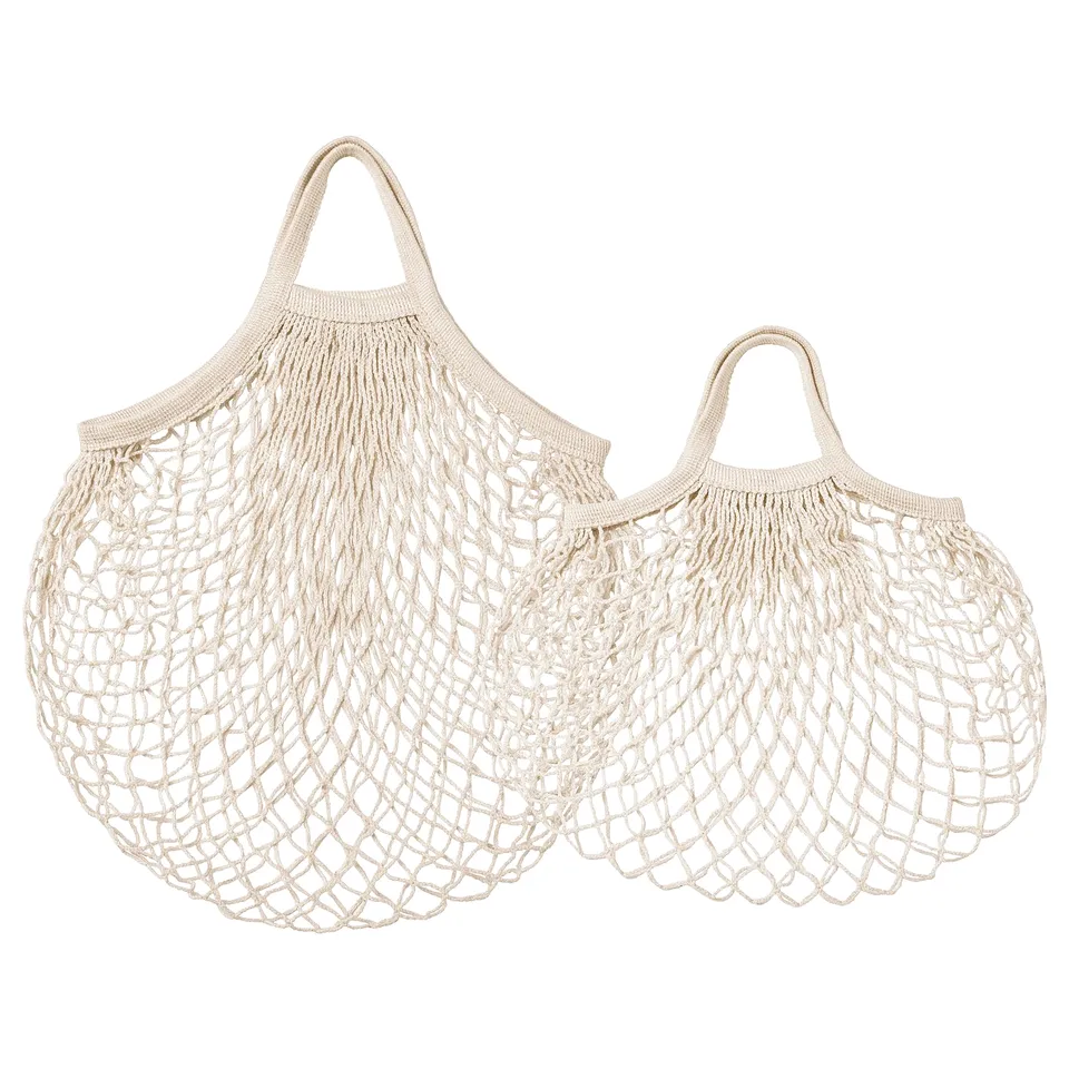 Two beige cotton mesh bags with handles, ideal for eco-friendly shopping and food storage.