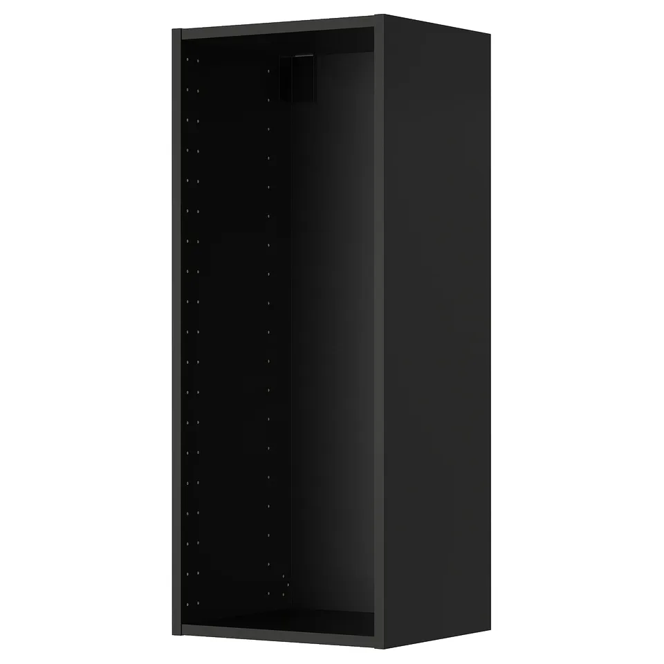 A black METOD wall cabinet, rectangular and modern with a flat design and drilled holes for adjustable shelves.