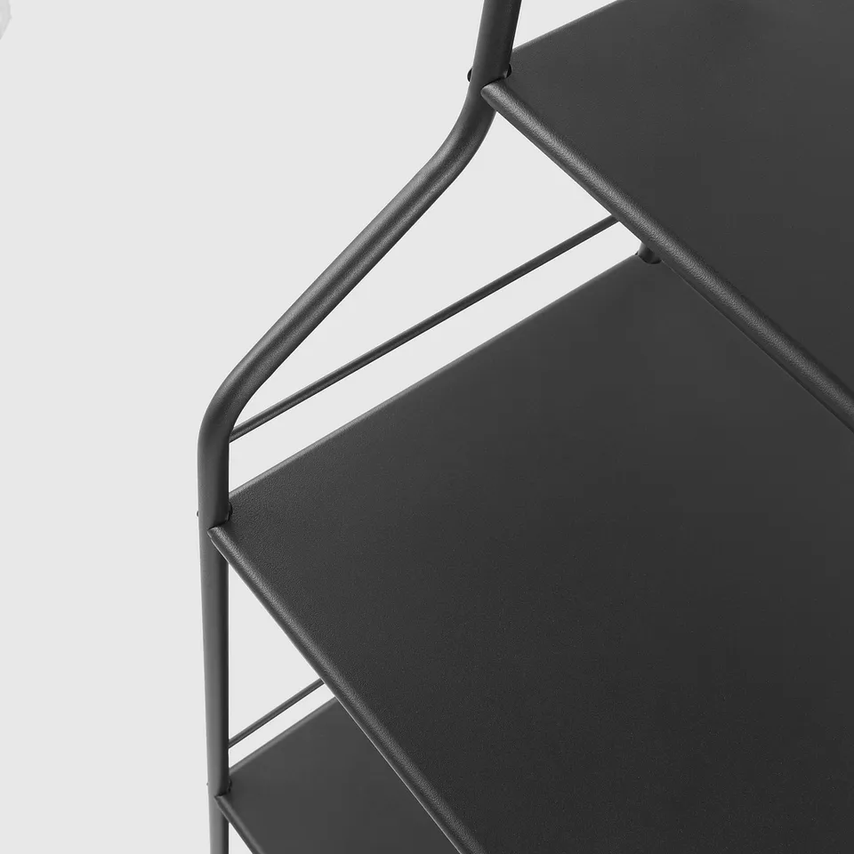 Modern black metal shelving unit with multiple tiers, designed for bathroom storage. High-quality finish and sturdy construction.