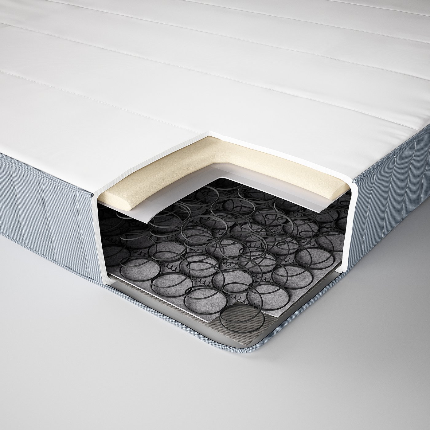 Cross-section of a mattress showing layers: top polyester fabric, foam, spring unit, and cotton-polyester base.