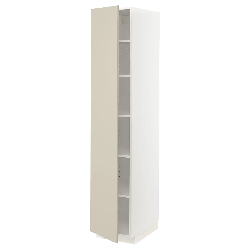 A tall, white high cabinet from the METOD kitchen system, featuring beige havstorp doors and adjustable shelves.