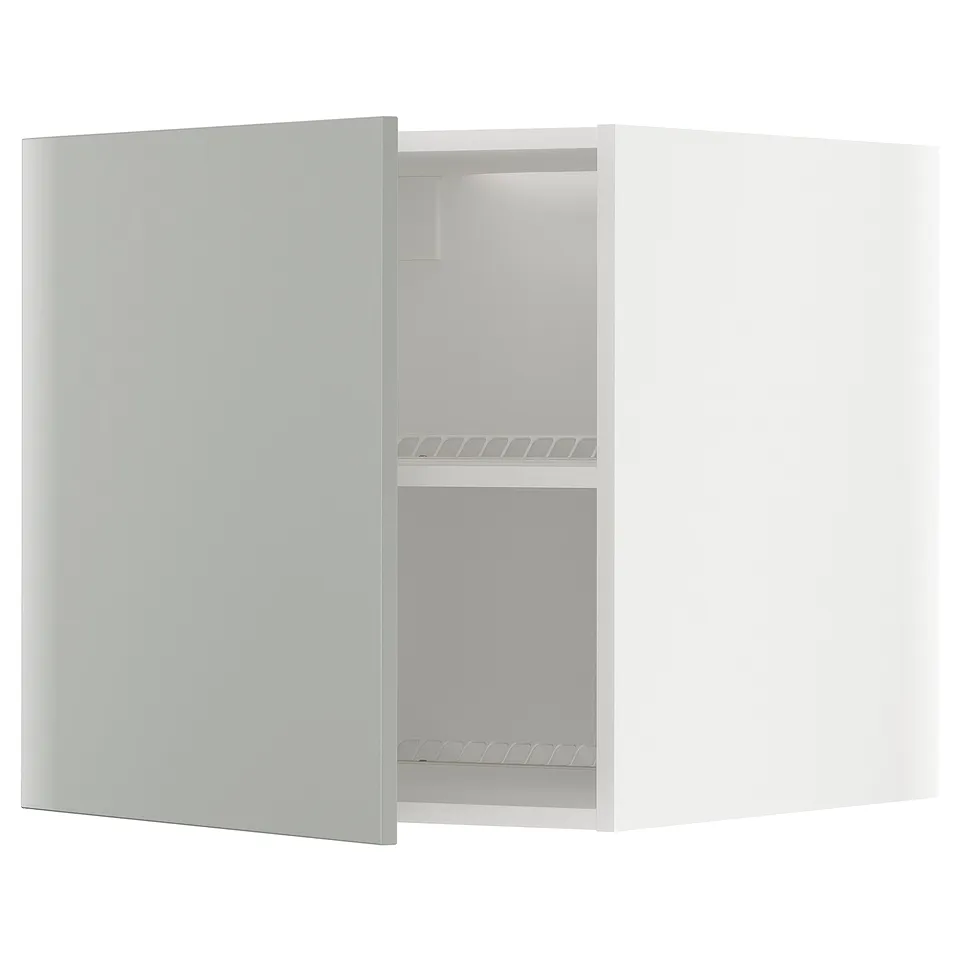 Light grey METOD kitchen cabinet, minimalist design, with sleek handle-less door, clean lines, and a modern look.