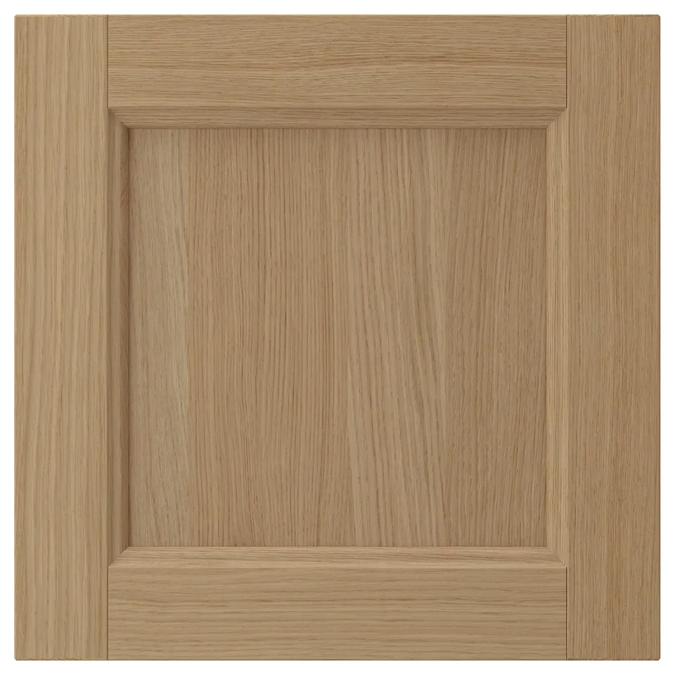 VEDHAMN oak cabinet door. Natural wood look, robust solid oak frame, veneer panel, warm tone.