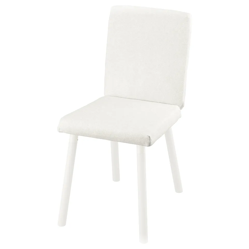 A white TONSTAD chair with a padded seat and back, featuring a sleek and modern design with wooden legs.