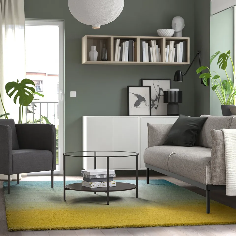 Modern living room with teal walls, a colourful ombre rug, grey sofa, glass coffee table, plants, and shelves with books and decorations.
