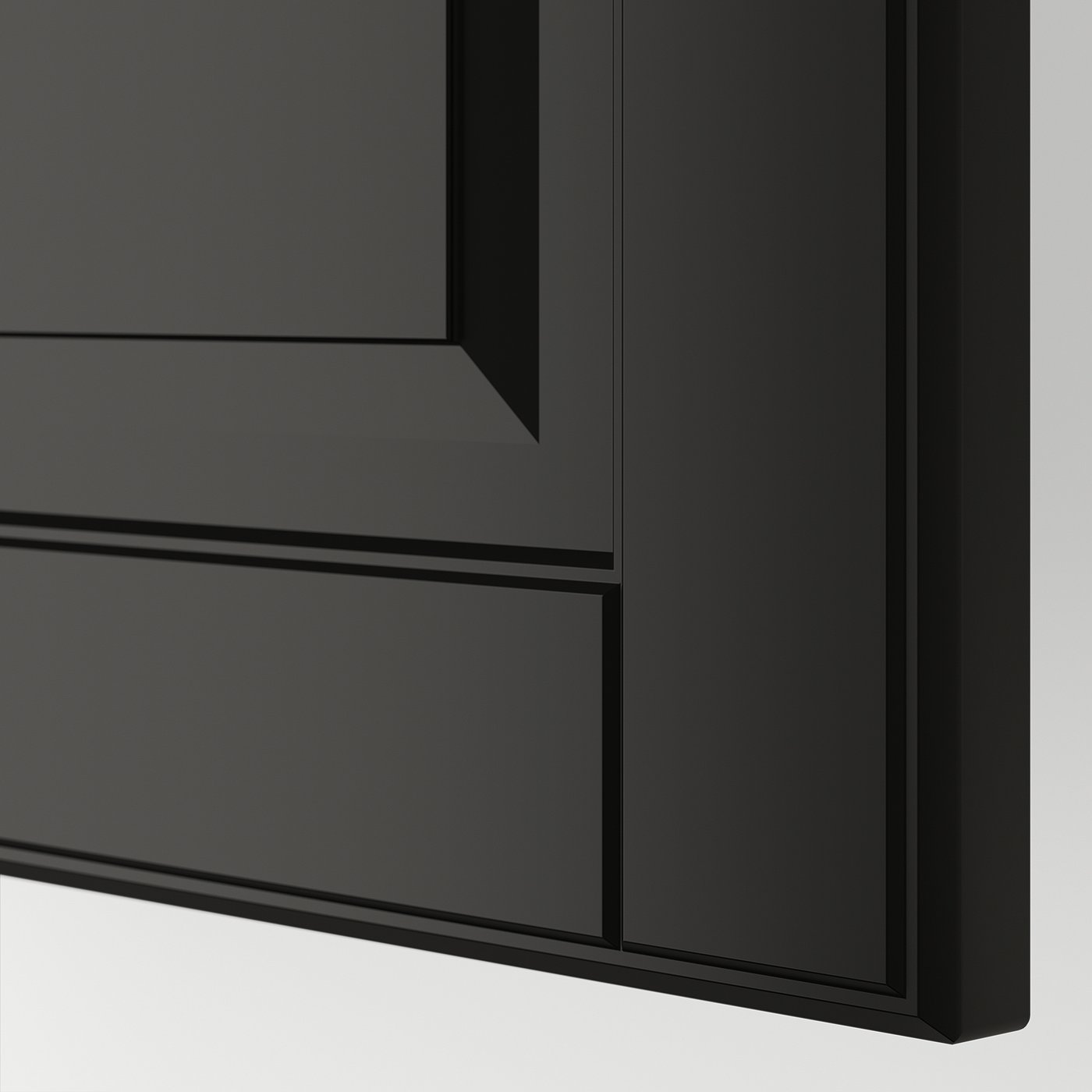 Dark kitchen cabinet with sleek, bevelled edges. High-quality finish, smooth surface.