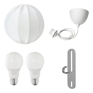FÖRUT/HAVSDJUP/REGNSKUR/SOLHETTA set: pendant lamp shade + cord set + LED bulb E27 470 lumen + pendant/ceiling lamp hook, round white + white + globe opal white, 50 cm
